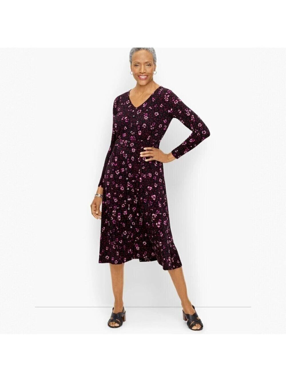 Talbots Abstract Animal Print Jersey Dress Black & Pink V-Neck Women's SZ S